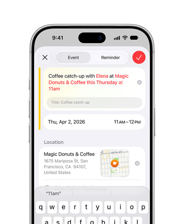 Ecrã do iPhone 17 Pro prateado a mostrar a Apple Intelligence a criar um evento do Calendário com base numa descrição fornecida pelo utilizador