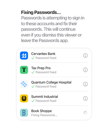Ecrã a mostrar a funcionalidade de correção de passwords para cinco passwords com exemplos de estado, incluindo segurança atualizada e início de sessão