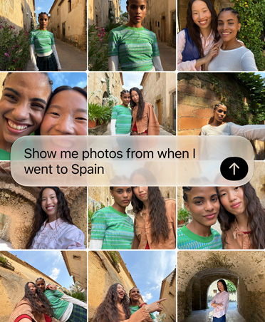 Ecrã a mostrar uma pergunta à Siri para recuperar fotografias de férias recentes, com o texto da pergunta a sobrepor-se à grelha de fotografias
