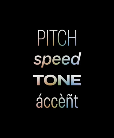 Características de uma voz apresentadas sobre um fundo preto. O texto apresenta: «Pitch», «Speed», «Tone» e «Accent».