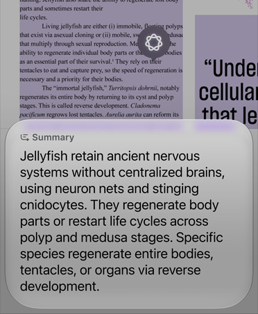 Captura de ecrã da funcionalidade Image Search a resumir alguns parágrafos de um artigo sobre a biologia das medusas.