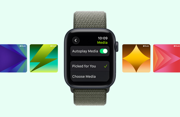 „Apple Watch SE 3“, aliuminio korpusas, vidurnakčio spalva, „Apple Music“ treniruotės grojaraščio pasiūlymai, dirželis, sportinė apyrankė, miško spalva