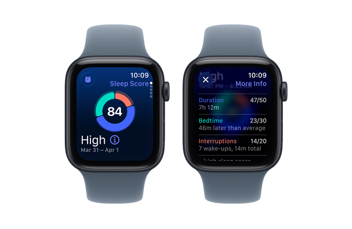 „Apple Watch SE 3“, miego įvertinimas, skritulinė diagrama ir balas, miego etapai analizuoja budrumo, REM, pagrindinio ir giliojo miego etapus