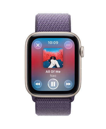Apple Watch SE 3, κάσα από αλουμίνιο, χρώμα αστροφεγγιά, αναπαραγωγή πολυμέσων, Apple Music, δεξιά πλαϊνή όψη, Digital Crown, λουράκι, Sport Loop, χρώμα μωβ της ομίχλης