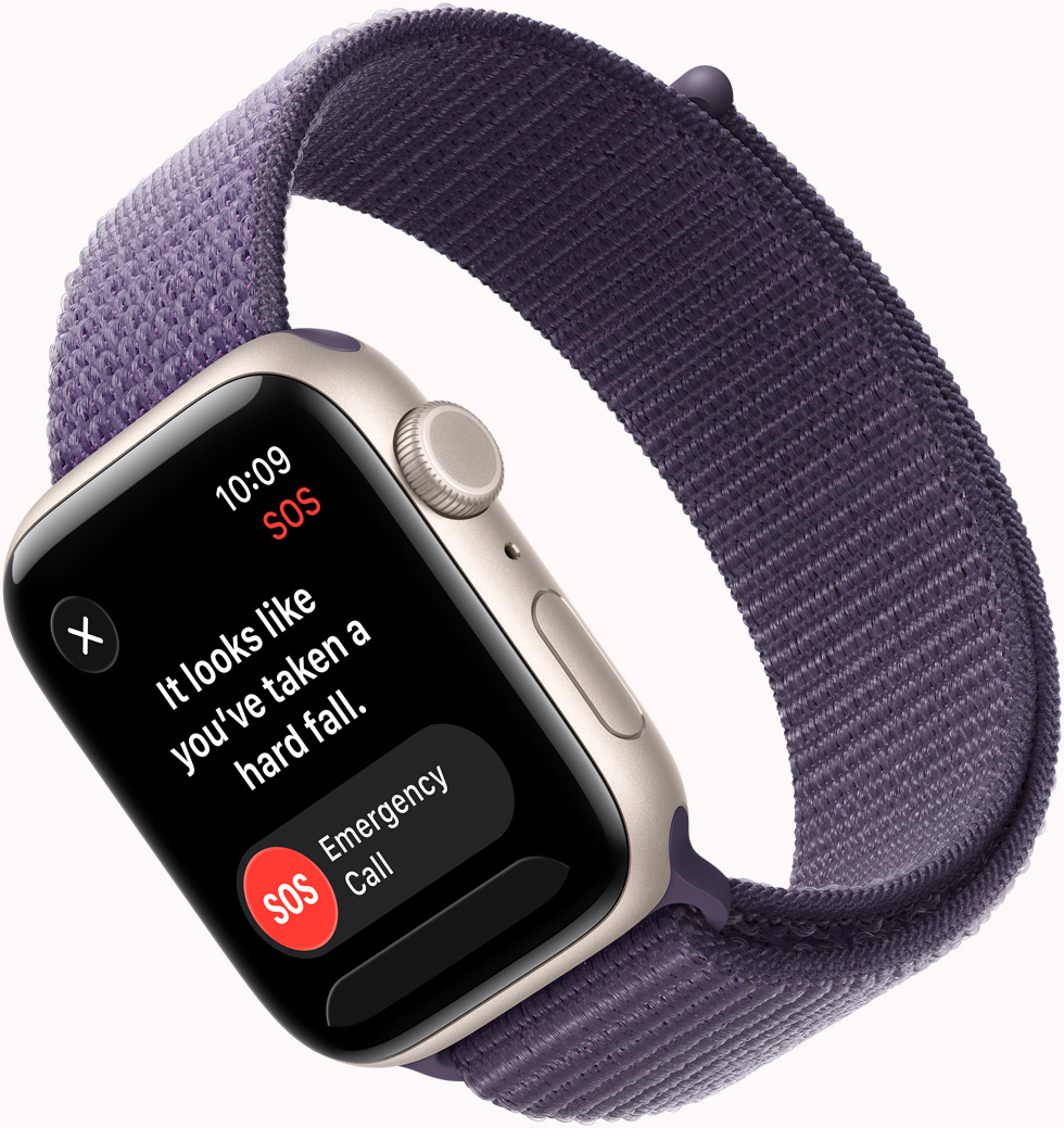 Apple Watch SE 3, κάσα από αλουμίνιο, χρώμα αστροφεγγιά, γνωστοποίηση ανίχνευσης πτώσης SOS, κουμπιά έκτακτης ανάγκης και είμαι OK, εξωτερική δεξιά πλαϊνή όψη, Digital Crown, μικρόφωνο, πλευρικό κουμπί, λουράκι, Sport Loop, χρώμα μωβ της ομίχλης