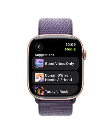 Apple Watch Series 11, toonis roosa kuld, alumiiniumist korpus, Apple Music, muusika ja podcastide soovitused, parem väliskülg, Digital Crown, rihm, udulilla Sport Loop