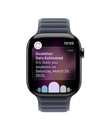 Apple Watch Series 11, toonis kiltkivil, titaanist korpus, ovulatsiooniaja hinnangu kuupäeva teavitus tsükli jälgimise funktsioonist rakenduses Health, Digital Crown, rihm, Magnetic Link, navy värv