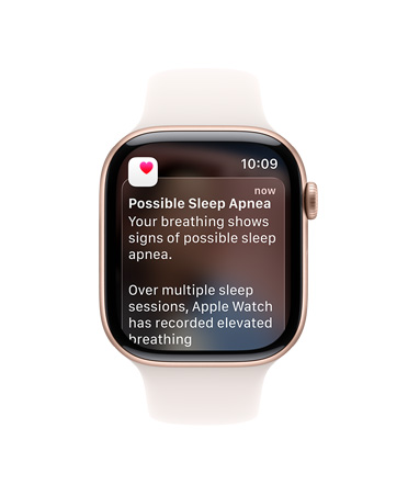 Apple Watch Series 11, toonis roosa kuld, alumiiniumkorpus, täiustatud uneapnoe teavitus, parem väliskülg, Digital Crown, Sport band, õrnroosa värv