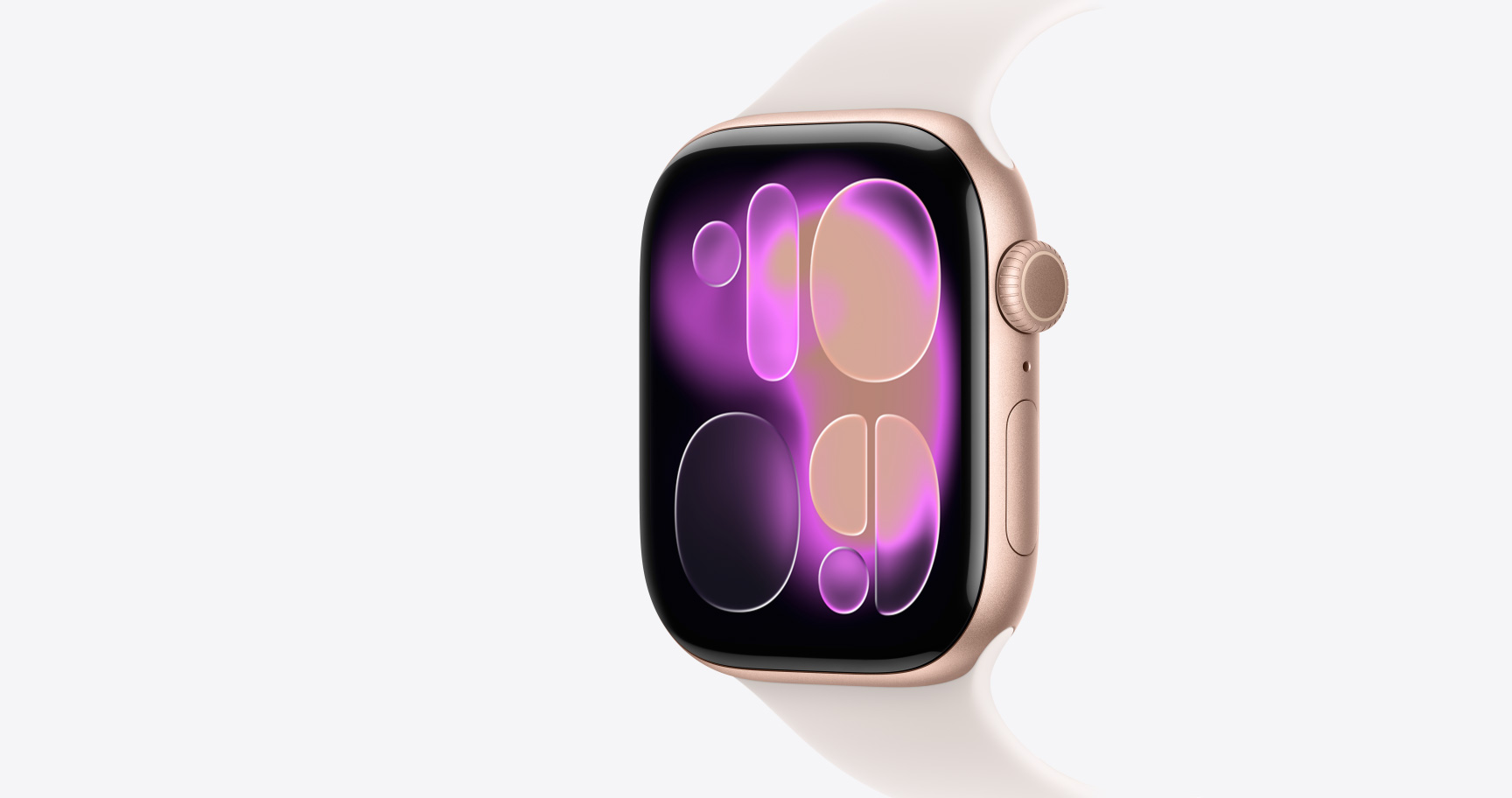 Apple Watch Series 11, toonis roosa kuld, alumiiniumist korpus, Responsive Art ekraan, parema külje väliskülg, Digital Crown, mikrofon, külgnupp, rihm Sport Band, õrnroosa toon