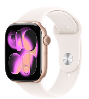 Apple Watch Series 11, χρώμα ροζ χρυσό, κάσα από αλουμίνιο, πρόσοψη ρολογιού Responsive Art, εξωτερική δεξιά πλαϊνή όψη, Digital Crown, μικρόφωνο, πλευρικό κουμπί, λουράκι Sport Band, χρώμα αιθέριο ροζ