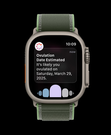 Apple Watch Ultra 3, κάσα από φυσικό τιτάνιο, γνωστοποίηση εκτίμησης ημερομηνίας ωορρηξίας από την Καταγραφή Κύκλου στο app Υγεία, λουράκι Trail Loop, πράσινο/νέον χρώμα