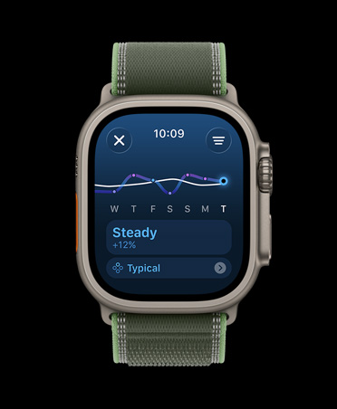 Apple Watch Ultra 3, φυσικό χρώμα, κάσα από τιτάνιο, γράφημα φορτίου άσκησης και ημερολόγιο, λουράκι, Trail Loop, πράσινο/νέον χρώμα