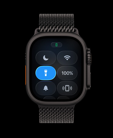 Apple Watch Ultra 3, μαύρο χρώμα, κάσα από τιτάνιο, Κέντρο Ελέγχου, κουμπί Φακού, λουράκι Titianium Milanese Loop, μαύρο χρώμα