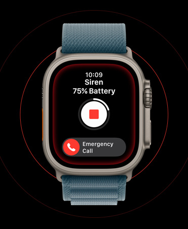 Apple Watch Ultra 3, φυσικό χρώμα, κάσα από τιτάνιο, οθόνη ενεργοποιημένης Σειρήνας, κουμπιά διακοπής και κλήσης Επείγον SOS, λουράκι, Alpine Loop σε μπλε της άγκυρας