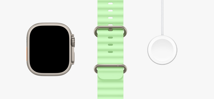 Apple Watch Ultra 3, κάσα σε φυσικό τιτάνιο, οθόνη που καλύπτει όλη την επιφάνεια, λουράκι Ocean Band σε νέον πράσινο, Μαγνητικό καλώδιο γρήγορης φόρτισης Apple Watch σε USB‑C