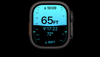 Apple Watch Ultra 4, titanium case, black color, Depth app showing diving metrics, right side exterior, Digital Crown, raised side button