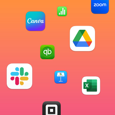 Tuottavuusappien kuvakkeita värikkäällä taustalla, mukana Slack, Canva, Google Workspace, Zoom, Quickbooks, Keynote, Excel, Square ja Numbers.
