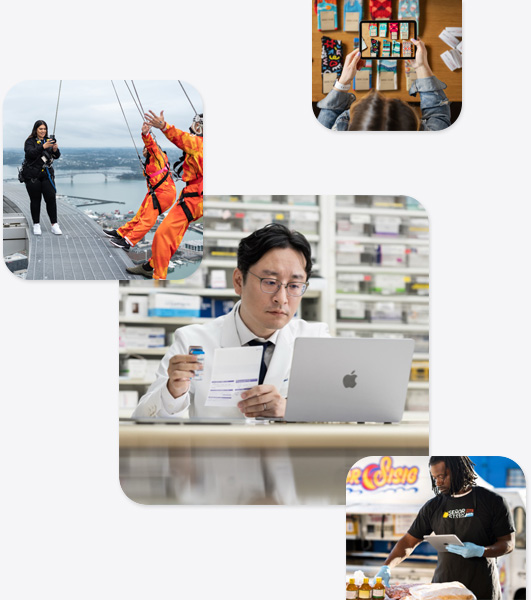 Erilaisia pienyrittäjiä, kuten apteekkari laboratoriotakissa käyttämässä MacBookia, benjihyppyohjaaja, joka ottaa iPhonella kuvan kahdesta benjihyppyyn valmistautuvasta ihmisestä, mies, joka pitelee iPadia ja käsittelee samalla elintarvikkeita, nainen, joka ottaa iPadilla kuvan pöydälle asetelluista sukista.