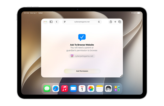 Un iPad muestra la interfaz de Navegación bajo Permiso, con una notificación para que el usuario pida autorización para navegar con el botón “Solicitar permiso” debajo.