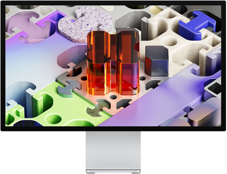 الجانب الأمامي لشاشة Studio Display XDR‏ مع خلفية شاشة تشبه أحجية ثلاثية الأبعاد