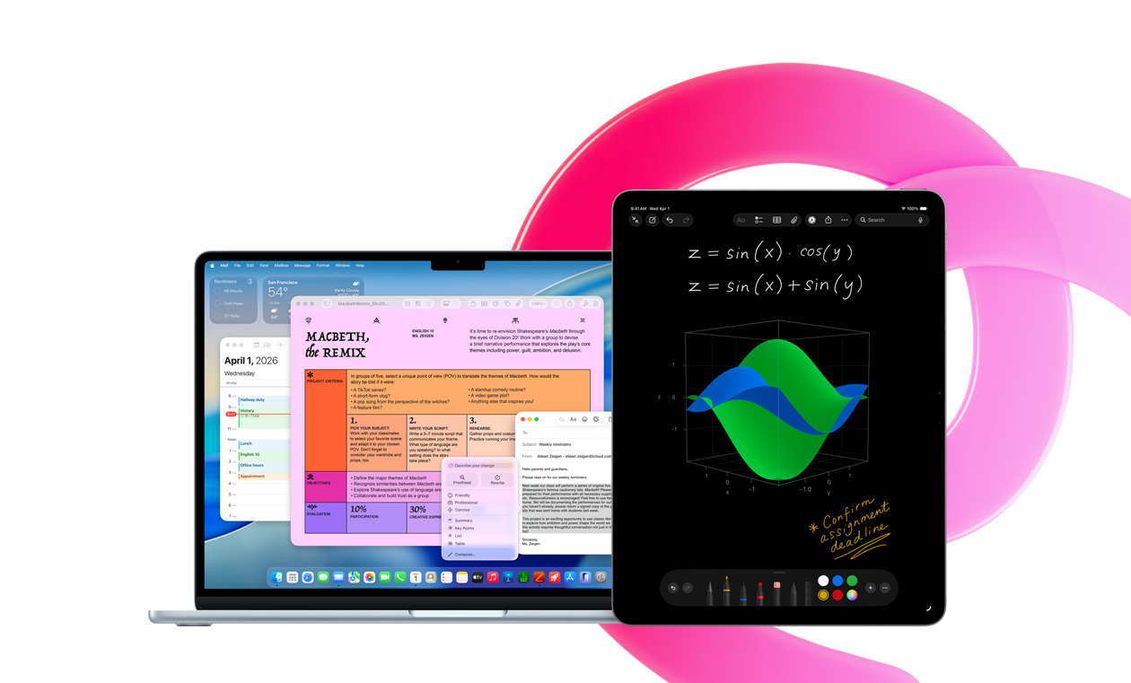 MacBook Air 顯示 Pages、行事曆、提示和郵件 app，旁邊的 iPad 則顯示數學備忘錄中的手寫方程式，展示內建 app 帶來的生產力