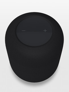 Pantalla de un iPhone que muestra un HomePod en color medianoche en realidad aumentada.