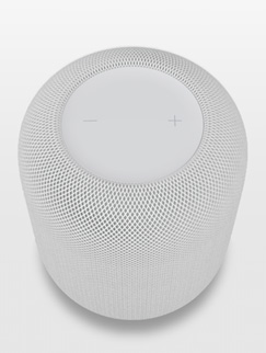 Pantalla de un iPhone que muestra un HomePod blanco en realidad aumentada.