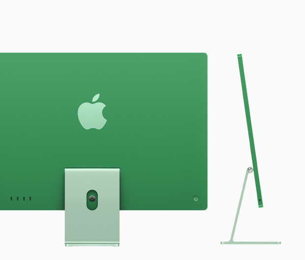 Un iMac verde mostrato da dietro, evidenziando 4 porte USB-C
