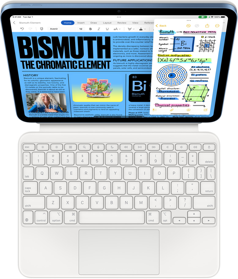 iPad με Magic Keyboard Folio, η οθόνη παρουσιάζει το Slide over με το Microsoft Word και τις Σημειώσεις και μια κλήση FaceTime συμβαίνει ταυτόχρονα.