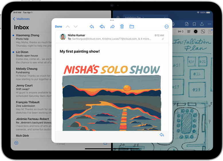 Τα apps Mail και GoodNotes είναι ανοιχτά δίπλα-δίπλα στο iPad. Ένα μήνυμα email είναι ανοιχτό σε ξεχωριστό παράθυρο