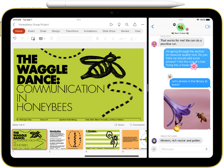 Split View των apps Powerpoint και Μηνύματα στο iPad, με το Apple Pencil να συνδέεται μαγνητικά.