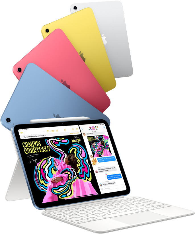 iPad σε Μπλε, Ροζ, Κίτρινο και Ασημί και ένα iPad συνδεδεμένο στο Magic Keyboard Folio.