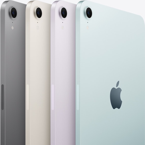 Vedere spate cu camerele a patru modele iPad mini afișate în culorile disponibile: Gri stelar, Strălucire stelară, Violet și Albastru.