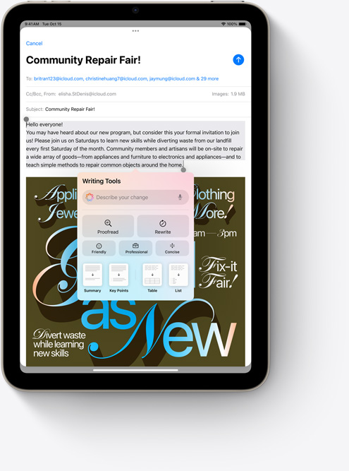 iPad mini prezentând Instrumente de scris în Mail, o nouă funcție Apple Intelligence.
