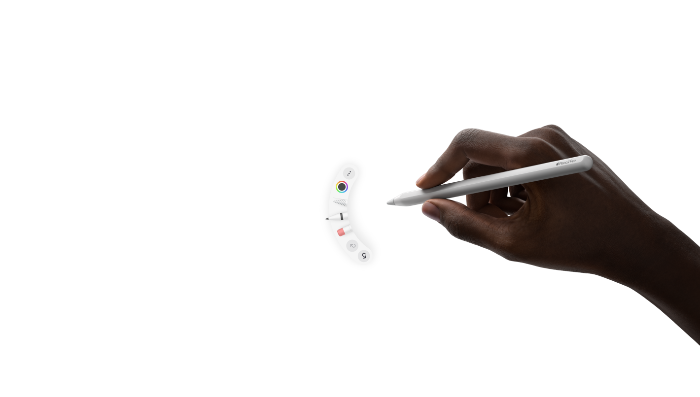 iPad Pro, μπροστινή εξωτερική όψη, οριζόντιος προσανατολισμός, κινούμενο γραφικό με ένα χέρι που κρατά το Apple Pencil Pro, η χειρονομία Συμπίεσης ανοίγει μια παλέτα εργαλείων κάτω από τη μύτη του μολυβιού
