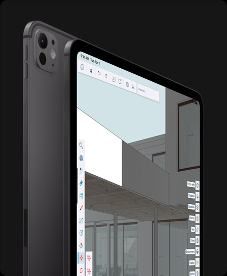 iPad Pro, πίσω εξωτερική όψη, κατακόρυφος προσανατολισμός, Διαστημικό Μαύρο, σύστημα κάμερας pro, κουμπί αύξησης έντασης ήχου, κουμπί μείωσης έντασης ήχου, iPad Pro, μπροστινή εξωτερική όψη, κατακόρυφος προσανατολισμός, Διαστημικό Μαύρο, μαύρο πλαίσιο οθόνης, στρογγυλεμένες γωνίες, οθόνη που δείχνει ένα app επεξεργασίας γραφικών με ανοιχτά τα μενού εργαλείων και εφέ δεξιά και αριστερά