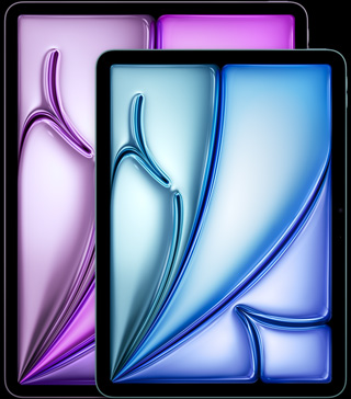 iPad Air 13 ιντσών, iPad Air 11 ιντσών, κατακόρυφος προσανατολισμός, μπροστινή εξωτερική όψη, στρογγυλεμένες γωνίες, μαύρο πλαίσιο οθόνης, οθόνες που εμφανίζουν αφηρημένα σχήματα σε ροζ, πράσινο και μπλε χρώμα