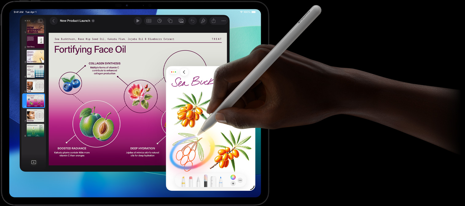 iPad Pro, μπροστινή εξωτερική οθόνη με σκούρο μπλε και πράσινο ντεγκραντέ φόντο με πολλαπλά ανοιχτά apps, χέρι που κρατά το Apple Pencil Pro και κυκλώνει ένα σκίτσο που δείχνει τη λειτουργία Ραβδί γραφικών του Apple Intelligence