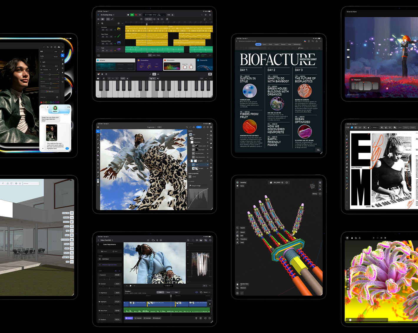 Monta iPad Pro ‑näyttöä, joilla esitellään iPadOS:n appeja, joilla on avoinna luovia projekteja, mukaan lukien Logic Pro, Adobe Lightroom, Adobe Photoshop, Final Cut Pro, Trimble SketchUp, Microsoft Word, Procreate Dreams, Affinity Designer 2, Shapr3D, Octane X
