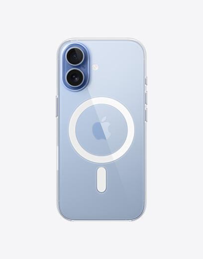 iPhone 17 mostrato da dietro, custodia MagSafe trasparente, sistema a doppia fotocamera Fusion nell’angolo in alto a sinistra