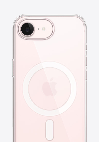 iPhone 17e, parte posterior, color rosa pálido, funda transparente con MagSafe, cámara Fusion en la parte superior, logo de Apple en el centro