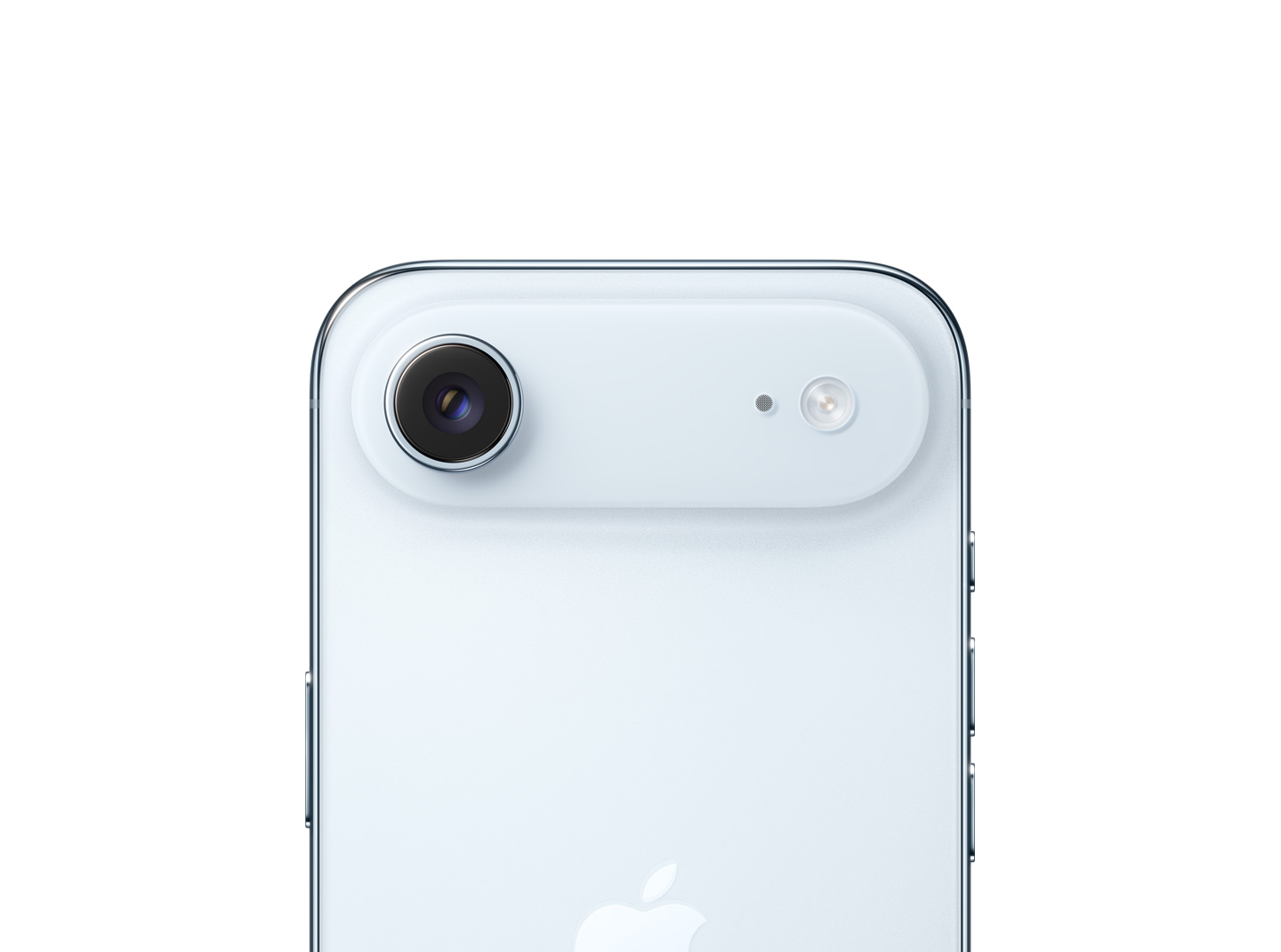 iPhone Air, tagakülg, taevasinine, ülaosas platoole paigutatud Fusion põhikaamerasüsteem