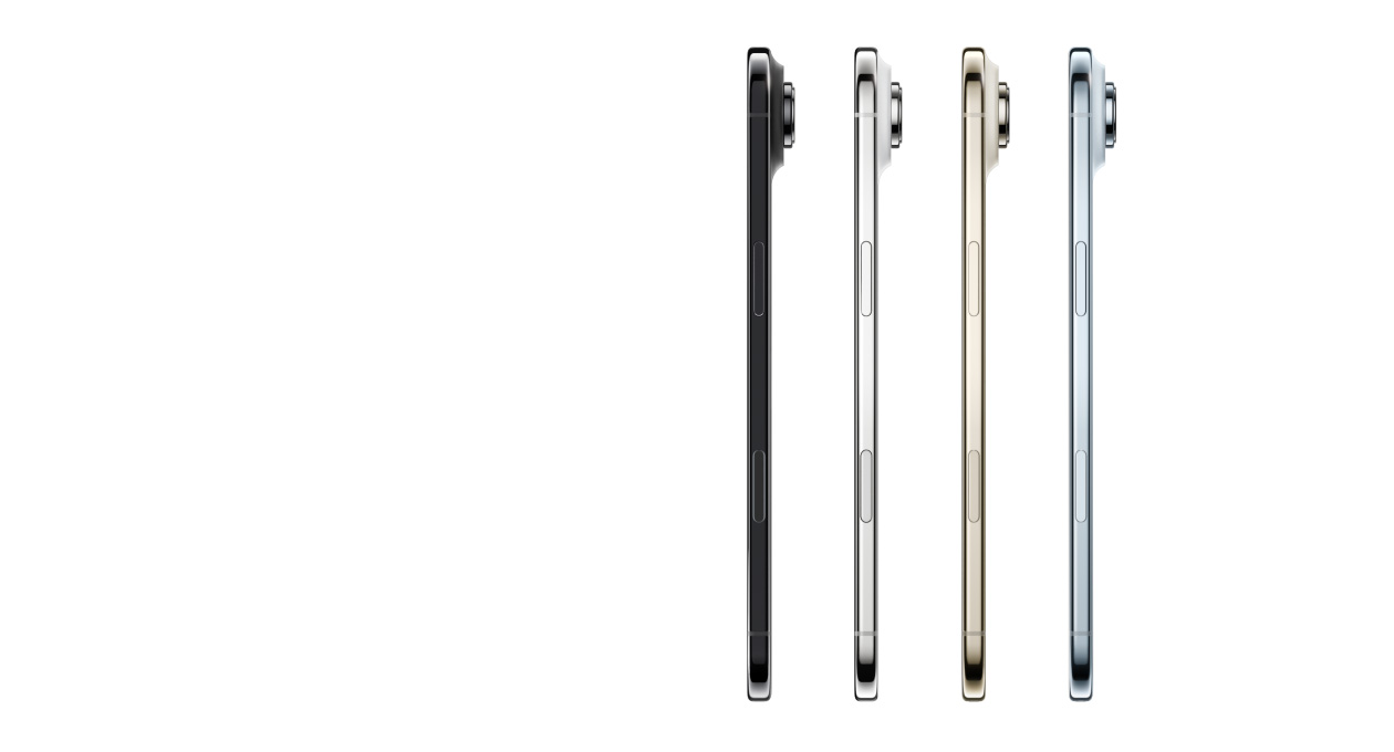 iPhone Air, külgvaade, värvideks taevasinine, hele kuld, pilvevalge ja kosmosemust, väga õhuke profiil, Fusion kaamerasüsteem, külg -ja kaamera juhtnupp 