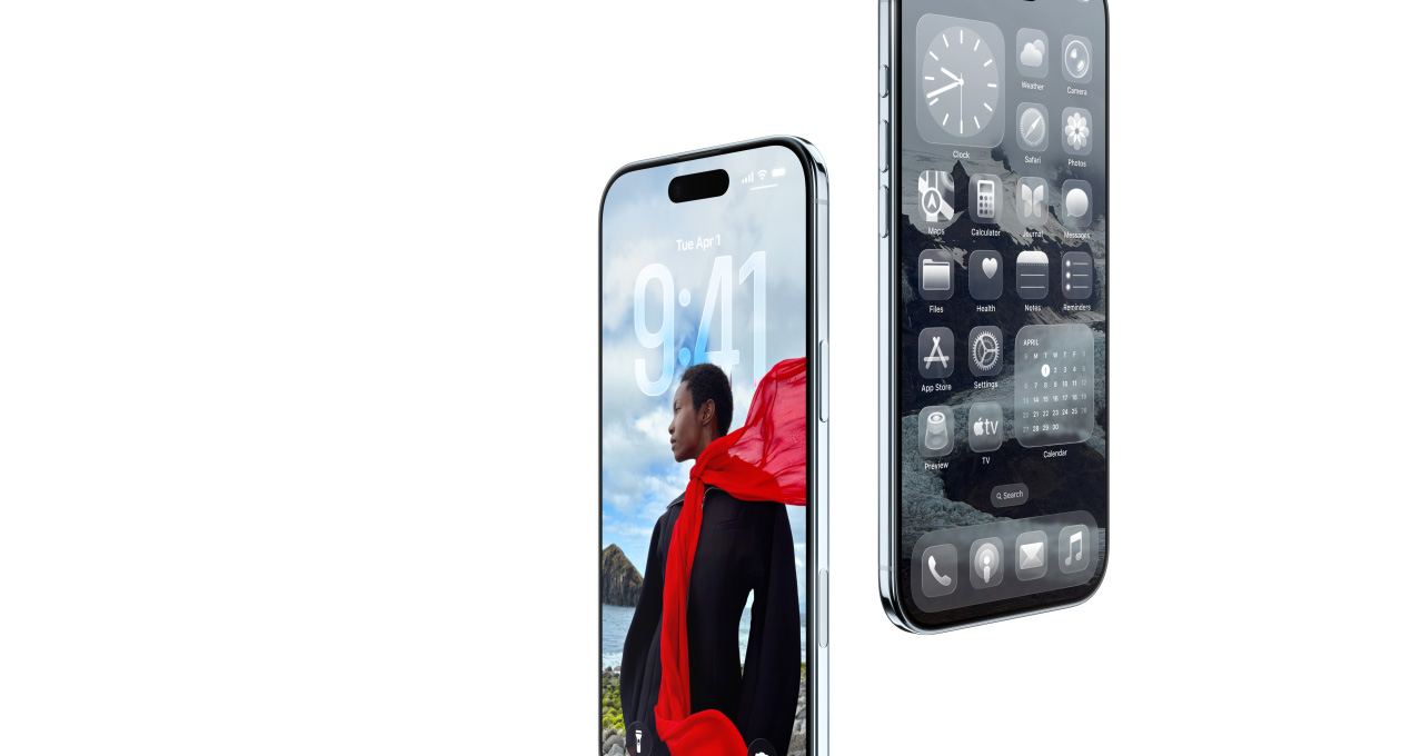 Kaks iPhone Airi seadet, esikülg ja külgvaade, õhuke profiil, dünaamiline Lock Screen, avaleht Liquid Glass rakendustega