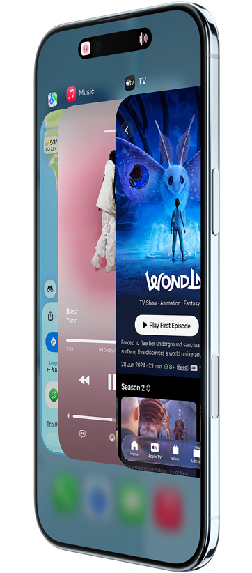 iPhone Air, esikülg, külgvaade, Maps, Music ja Apple TV rakendused, näidates kasutuselolevat App Switcher funktsiooni