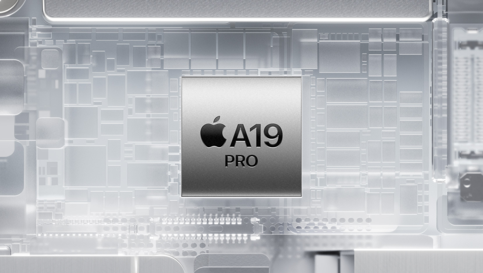 Hohtavat iPhonen sisäiset komponentit ympäröivät A19 Pro ‑sirua