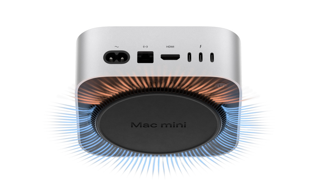 „Mac mini“ galinių prievadų vaizdas, iliustracija permatoma, kad būtų matomos po aliuminio korpusu esančios šiluminė ir vėdinimo sistemos