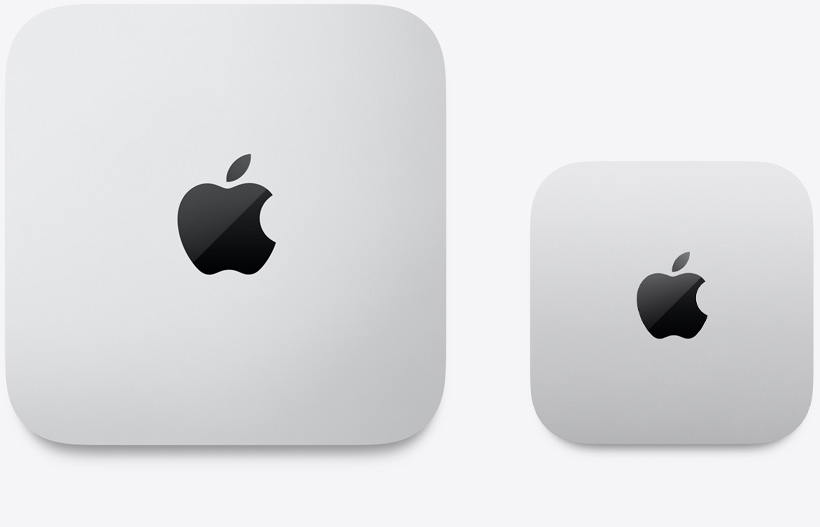 2024 m. „Mac mini“ modelio ir 2023 m. „Mac mini“ modelio vaizdas iš viršaus, siekiant parodyti dydžio sumažėjimą