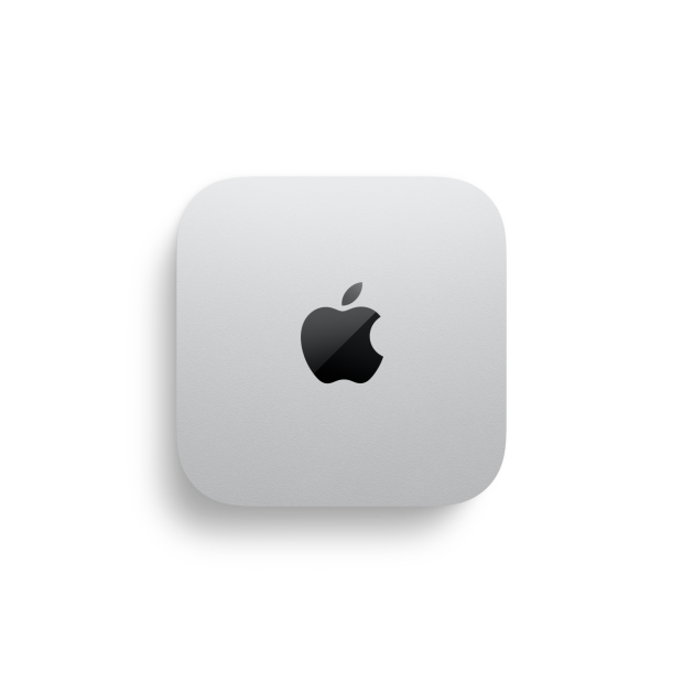 Sidabro spalvos „Mac mini“ su „Apple“ logotipu vaizdas iš viršaus su matavimo žymėmis, rodančiomis 5 colių pločio ir 5 colių ilgio dydį