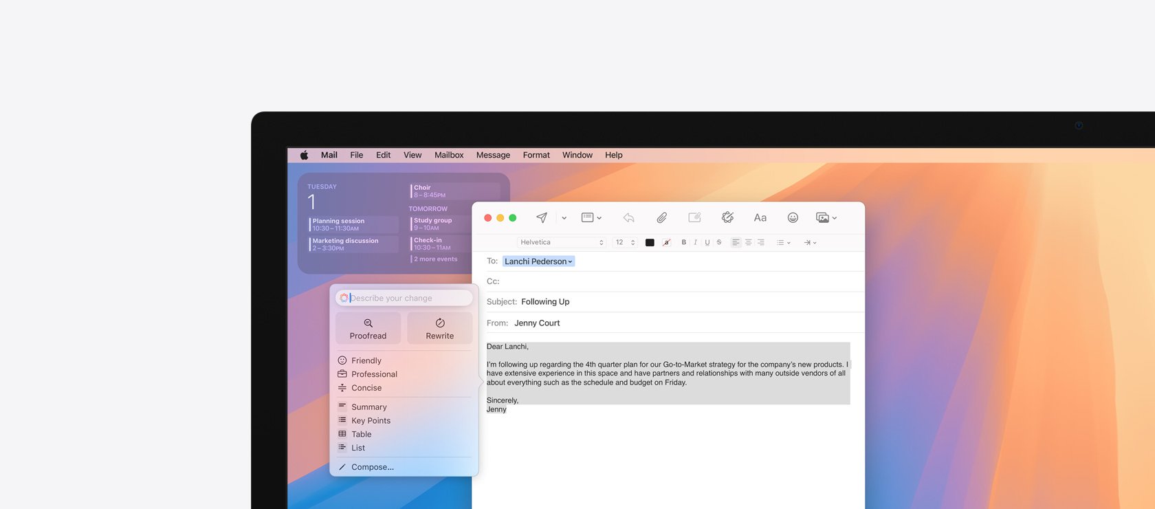 Ekrane rodoma „Apple Intelligence“ funkcija „Rašymo įrankiai“ programoje „Mail“.